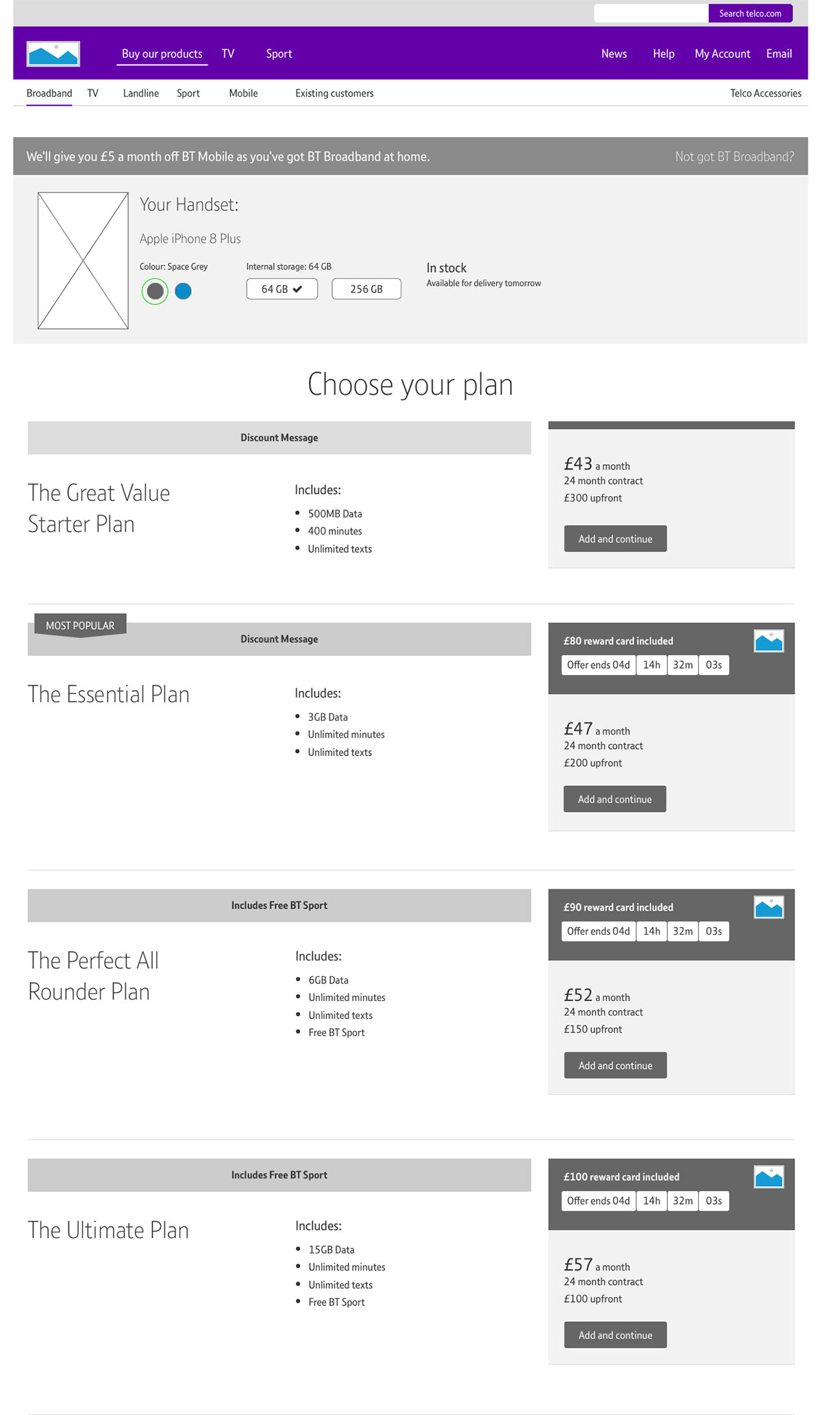 BT mobile plans wireframe