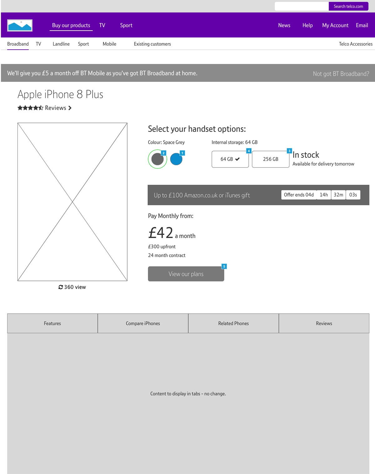 BT Mobile handset wireframe