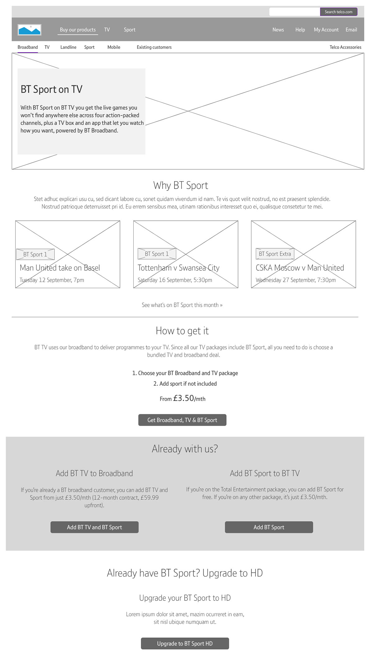 BT Sport - Get TV wireframe