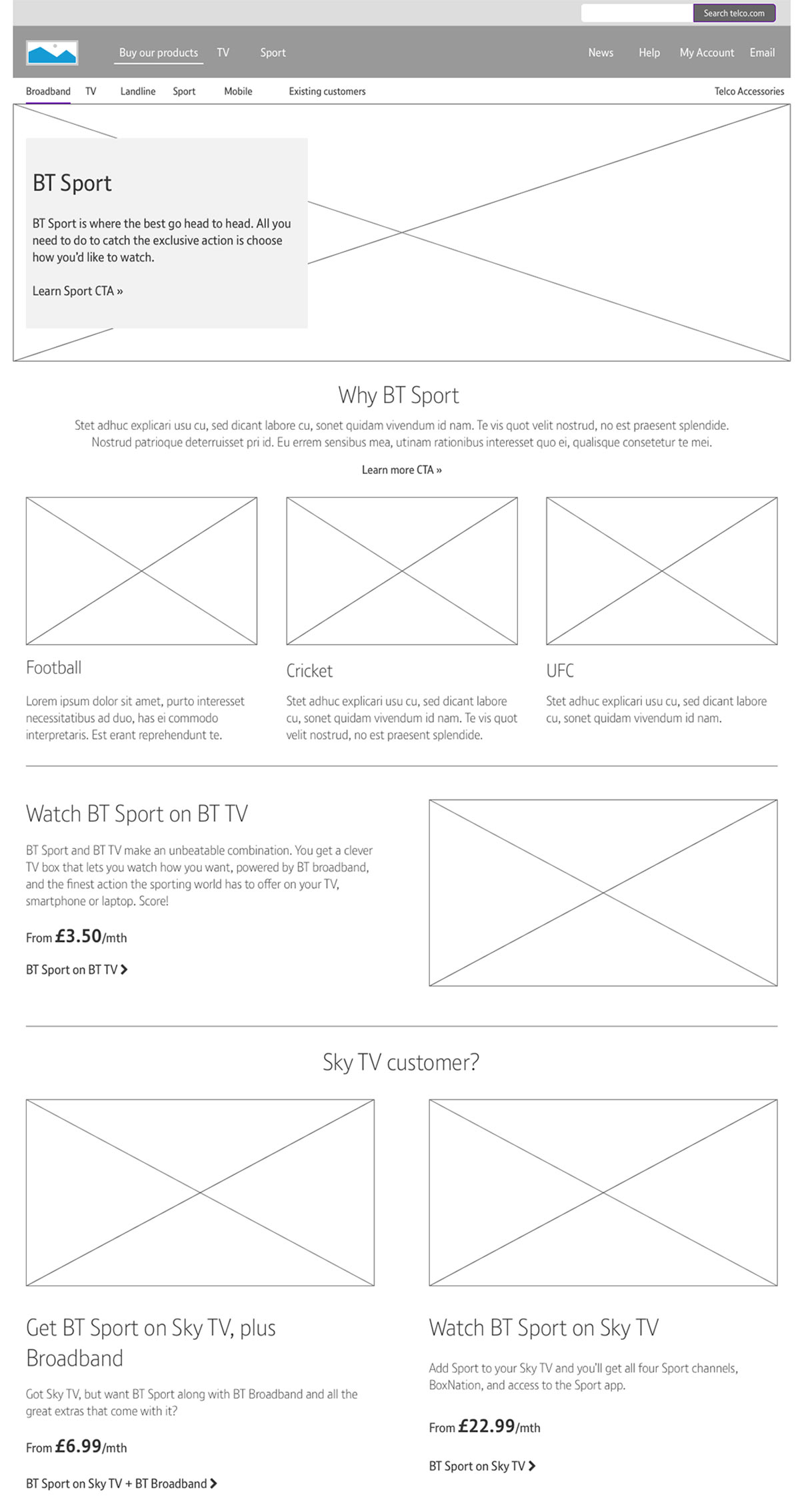 BT Sport - hub wireframe